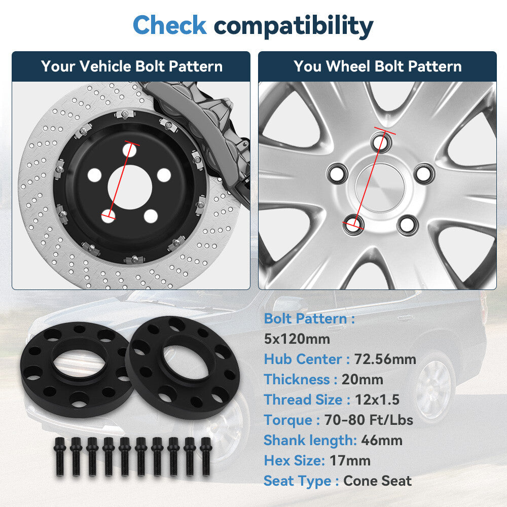 2 Pcs 20mm 5x120 Hub Centric Wheel Spacers 12x1.5 For BMW 528i 525i 328i E36 E46 6B93BC-57