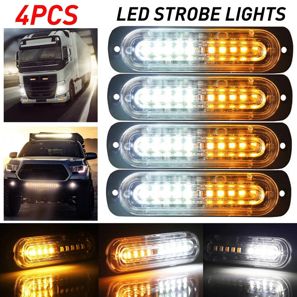 4X LED Strobe Light Emergency Beacon Warning Hazard Flash Car Truck Amber/White 6B93BC-57