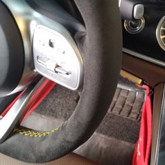 Black Suede Yellow Strip Leather Steering Wheel Sewing Wrap For Mercedes A-Class