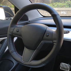 Top PU Leather Steering Wheel Hand-stitch on Wrap Cover For Tesla Model 3 Y