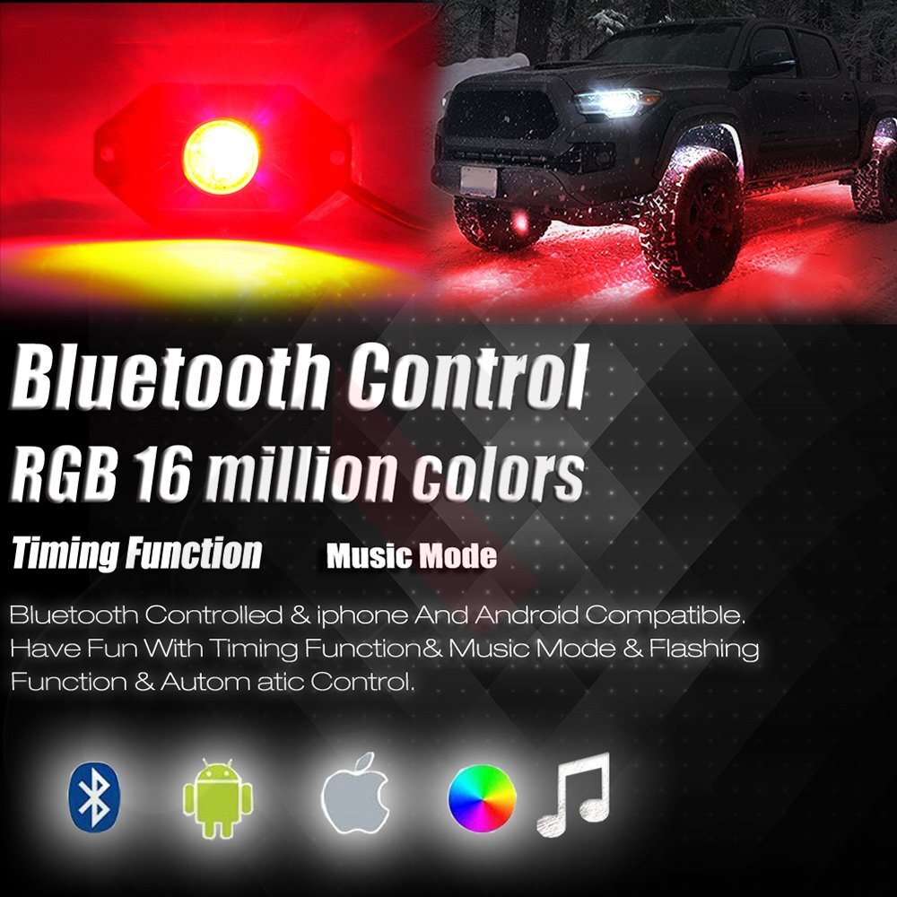 4x Pod RGB LED Rock Light Wireless Bluetooth Music Controller side marker 6B93BC-57