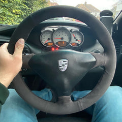 Black Suede Leather Steering Wheel Black Stitch Wrap Cover For Porsche 911 986