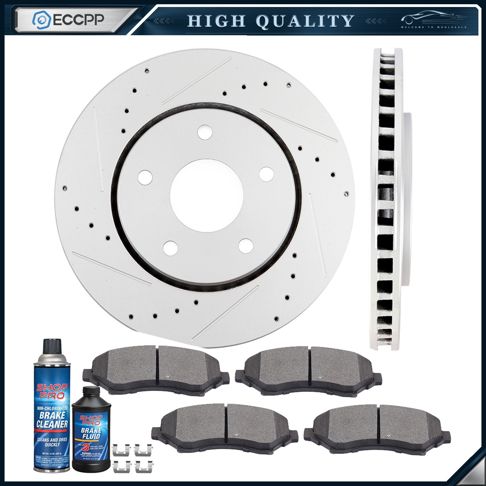 Front Drilled & Slotted Brake Pads And Rotors Discs For Chrysler Town & Country 6B93BC-57