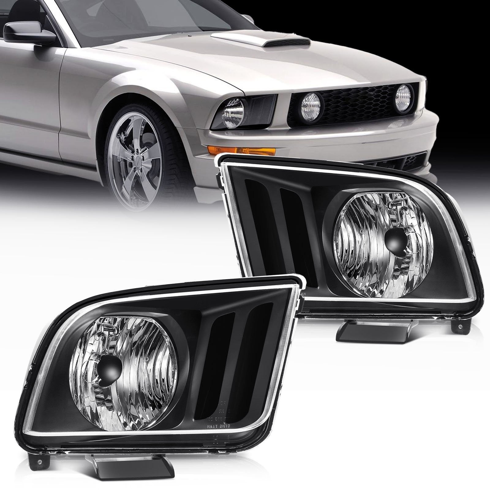 Pair Kit Halogon Black Headlights Assembly For 2005-2009 Ford Mustang Black 6B93BC-57