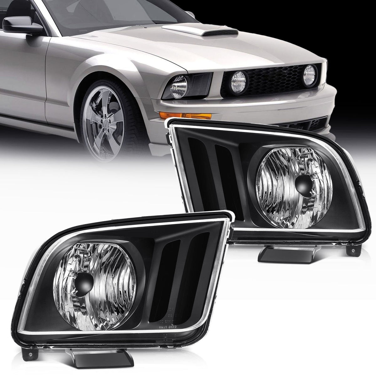 Pair Kit Halogon Black Headlights Assembly For 2005-2009 Ford Mustang Black 6B93BC-57