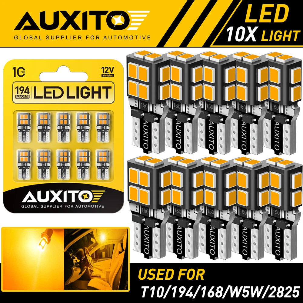 10X Amber AUXITO 175 2825 Light Bulb Super Bright 168 194 T10 LED Parking 3000K AUXITO