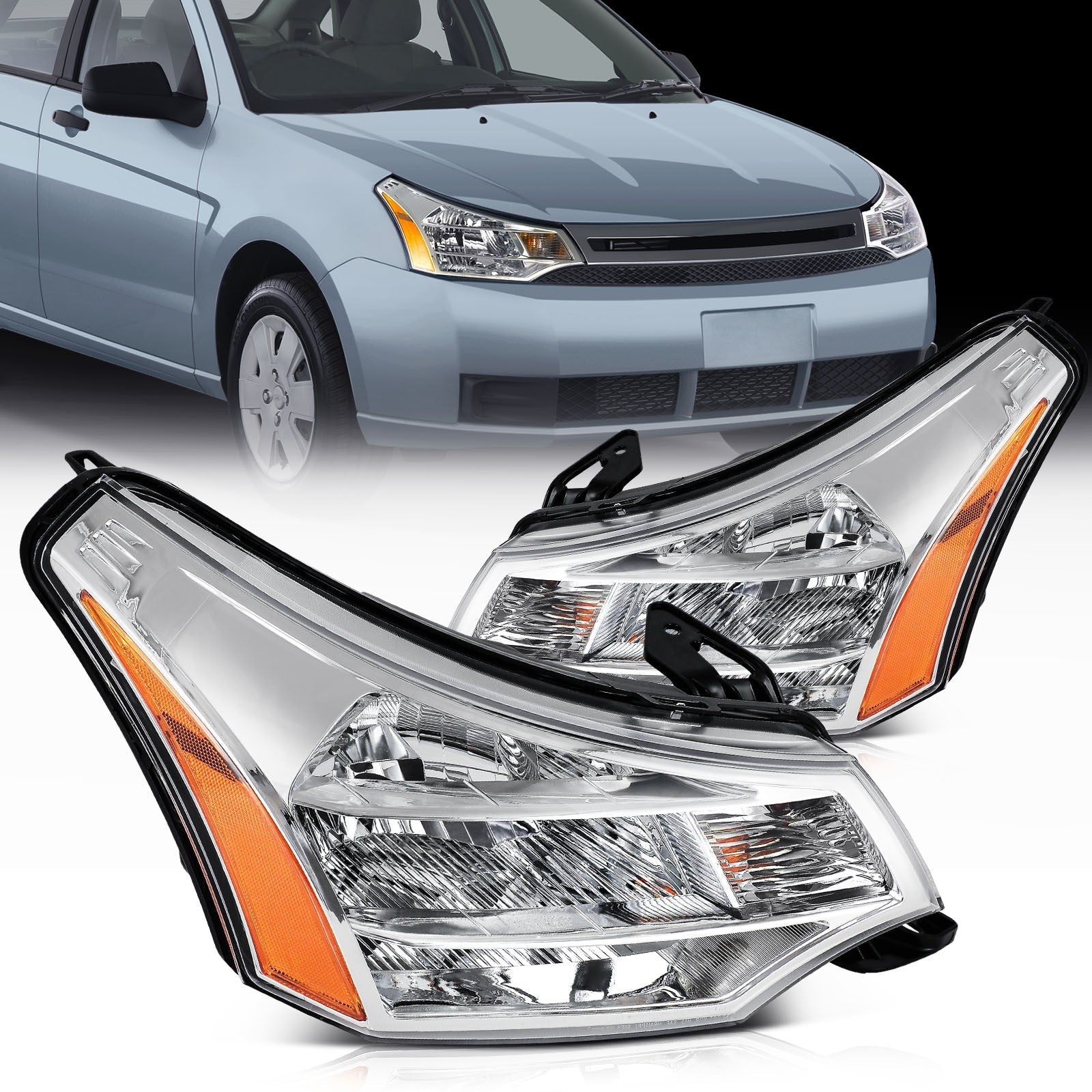 Pair Kit Headlights Assembly For 2008-2011 Ford Focus 2.0L 2.5L Chrome Amber 6B93BC-57