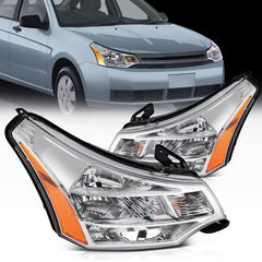 Pair Kit Headlights Assembly For 2008-2011 Ford Focus 2.0L 2.5L Chrome Amber 6B93BC-57