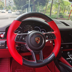 5D Carbon Fiber &Red Leather Steering Wheel Wrap Cover Fit For Porsche Cayenne