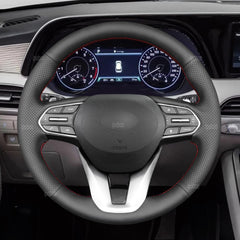 Steering Wheel Wrap For Hyundai Santa Fe 2019-23 Black Perforated Leather Cover