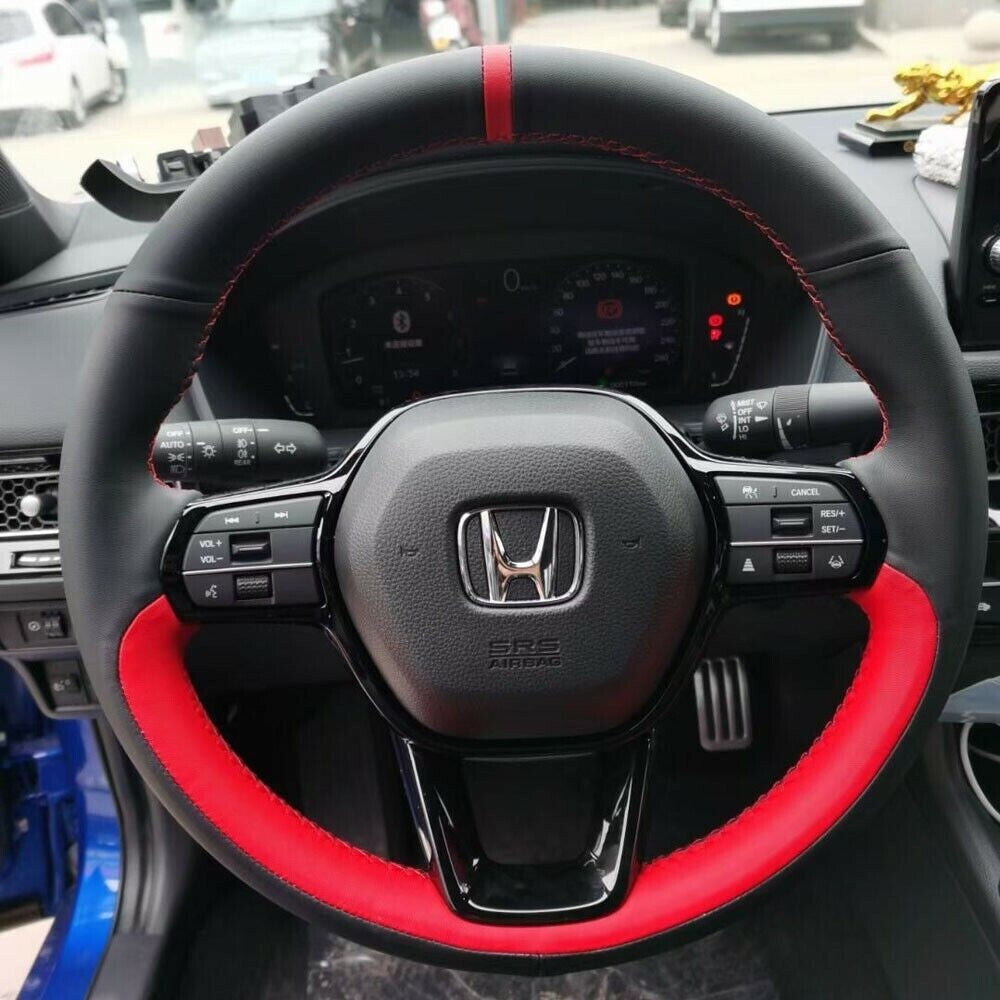 Black&Red Leather Steering Wheel Hand Sewing Wrap Cover For Honda Civic 2022