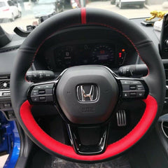 Black&Red Leather Steering Wheel Hand Sewing Wrap Cover For Honda Civic 2022