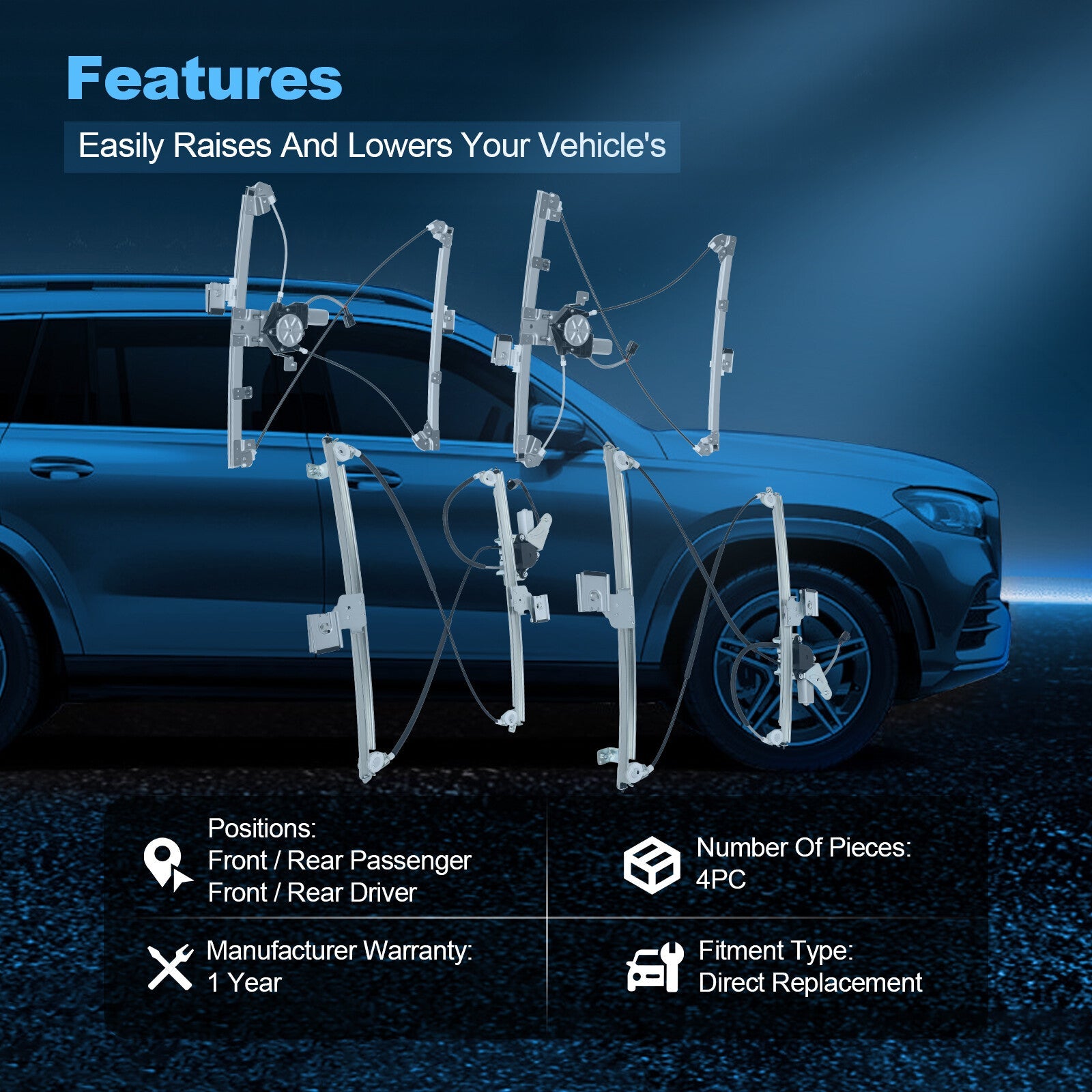 For 2003-2006 Cadillac Escalade ESV Set of 4 Power Window Regulators With Motor 6B93BC-57