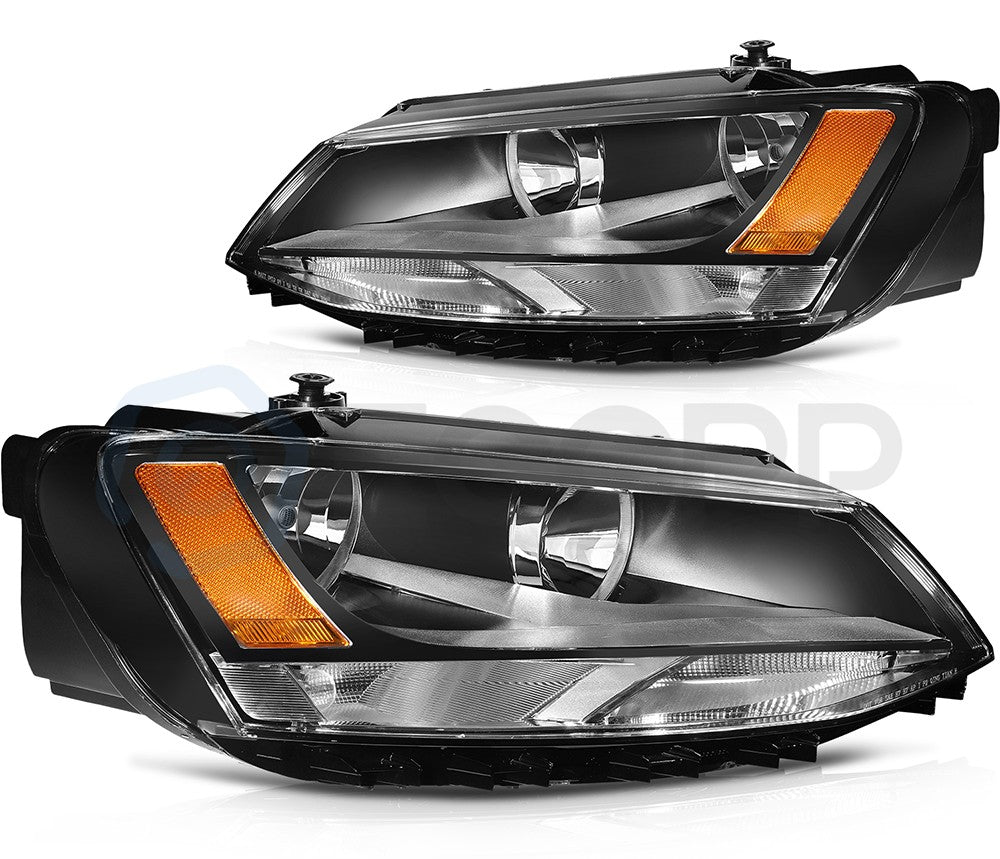 Pair Kit Halogen Headlights Assembly For 2011-2018 Volkswagen Jetta Black Amber 6B93BC-57