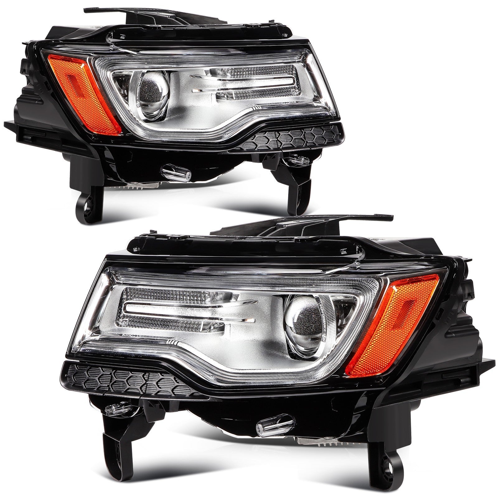 Pair Kit HID Headlights Assembly For 2014-2016 Jeep Grand Cherokee Black Amber 6B93BC-57