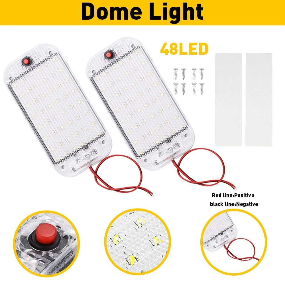 2x 12V Interior Car Roof 48-LED Light Dome Ceiling RV Lamp Camper Trailer Truck 6B93BC-57
