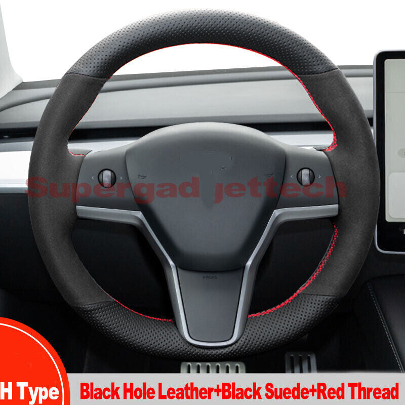 Suede&PU Leather Steering Wheel Hand Sewing Wrap For Tesla model 3/Y  H Type