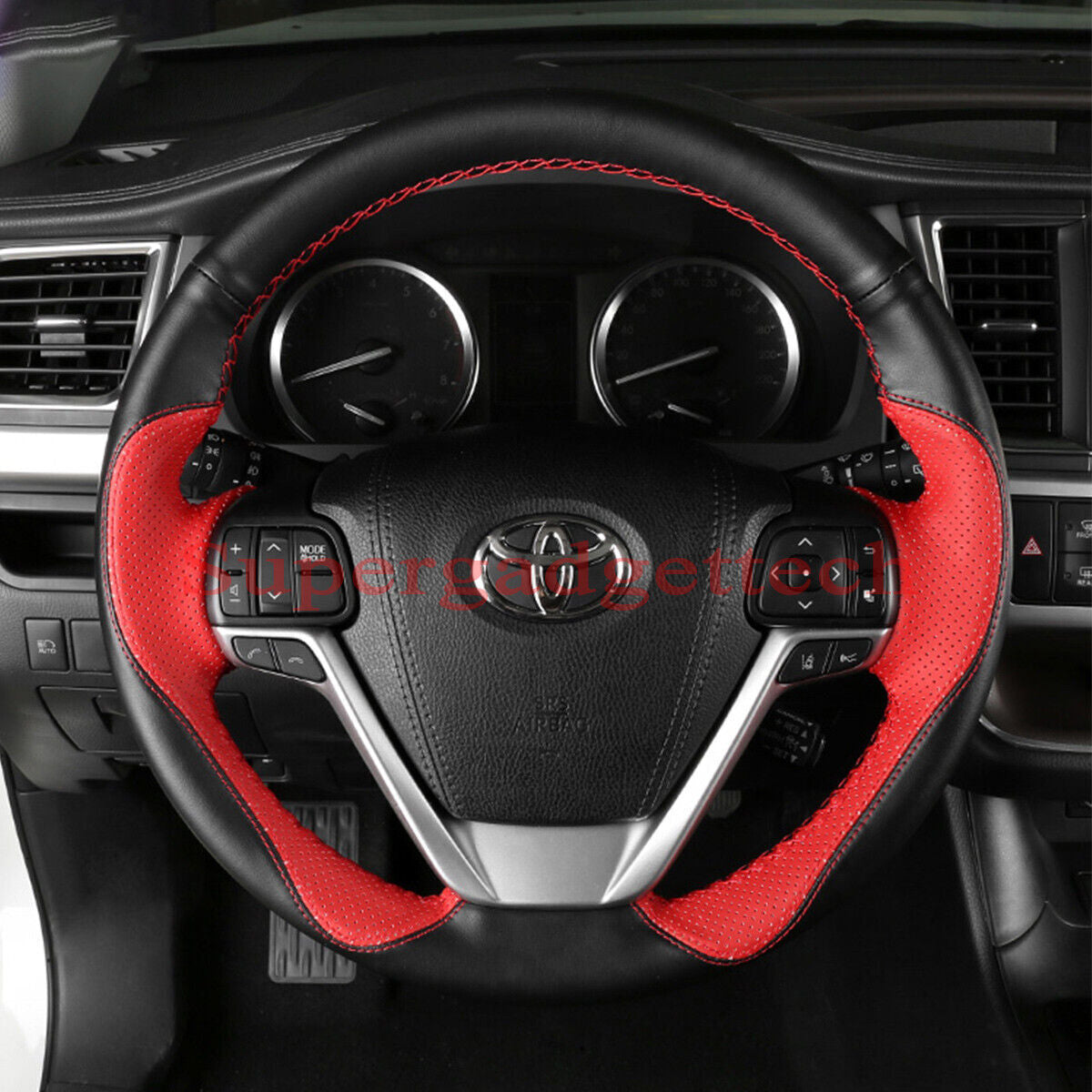 Black&Red Leather Steering Wheel Hand Sewing Wrap Cover For Toyota Highlander