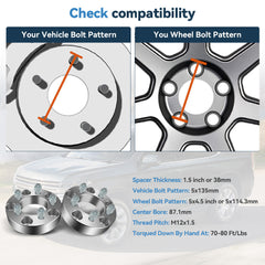4Pc 1.5" 5x135 to 5x4.5 Wheel Adapters 12x1.5 For F-150 5x135 Convert to 5x114.3 6B93BC-57
