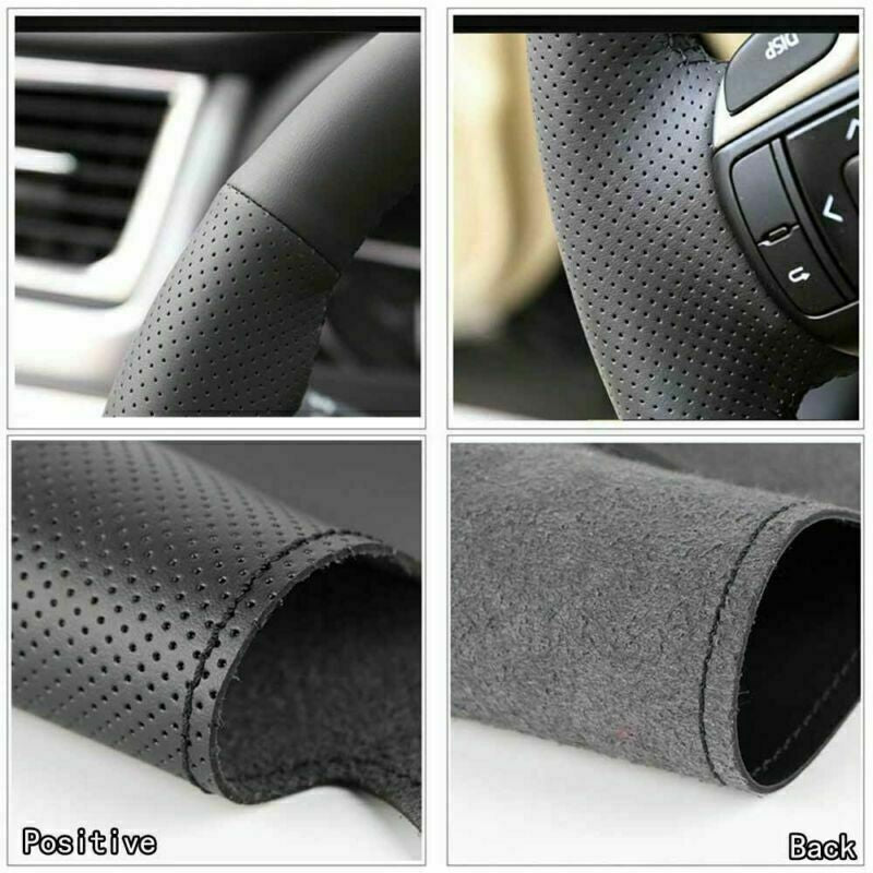 Black &Hole Leather Steering Wheel Red Stitch Wrap Cover For Ford F-150 F150 6B93BC-57