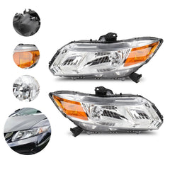Pair Headlights Assembly For 2012-2015 Honda Civic 1.5L 1.8L 2.4L Chrome Amber 6B93BC-57