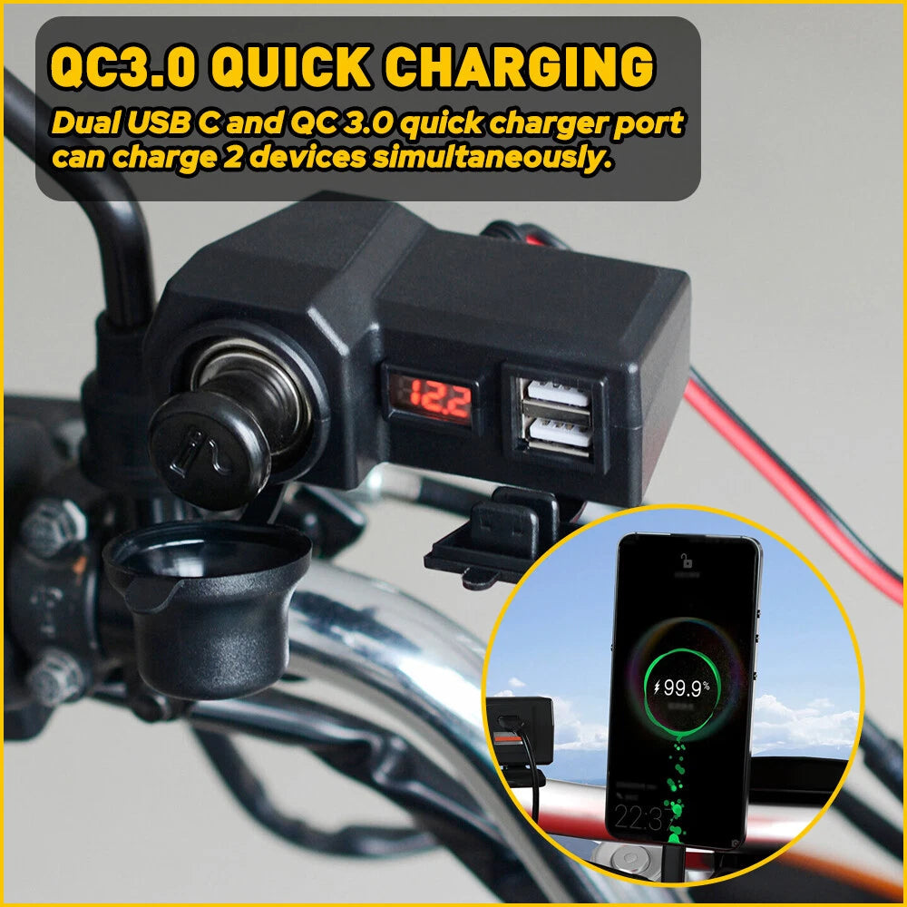 Motorcycle Handlebar Socket Waterproof USB Dual Phone Charger Cigarette Lighter 6B93BC-57