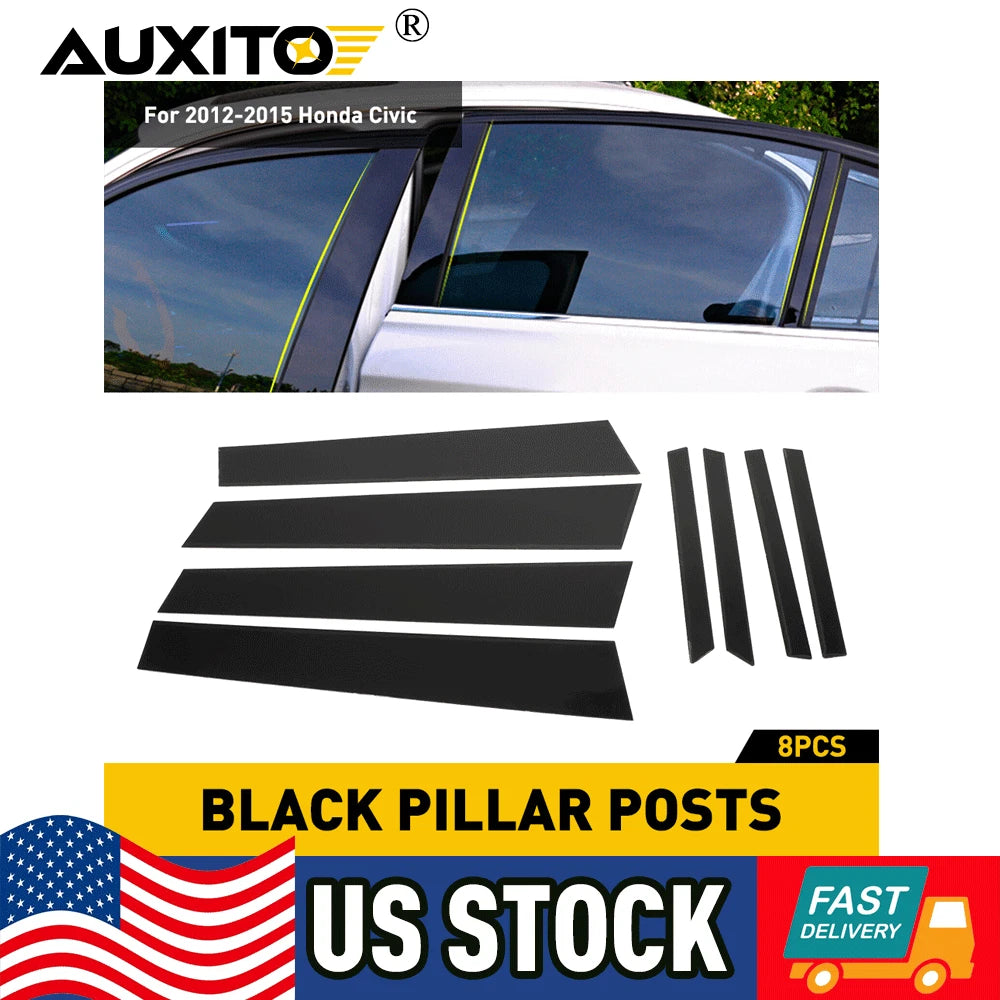 Black Pillar Posts 8pcs Set Cover Door Window Trim For Honda Civic 12-15 4dr EOA 6B93BC-57