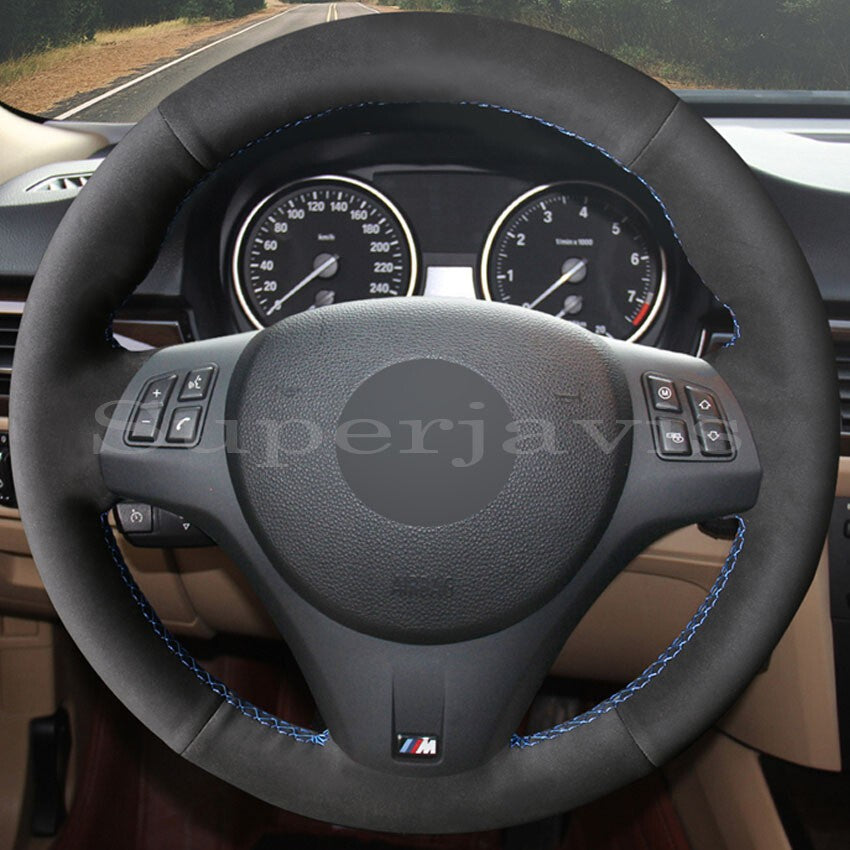 Anti Slip Black Suede Leather Steering Wheel Stitch on Wrap Cover For BMW E92