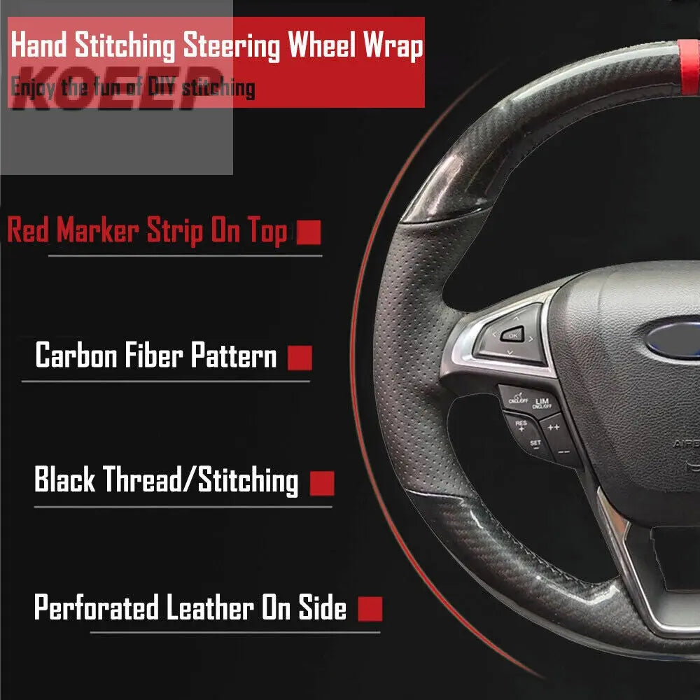 Carbon Fiber&PU Leather Steering Wheel Hand Sewing Wrap Cover For Ford Fusion 6B93BC-57