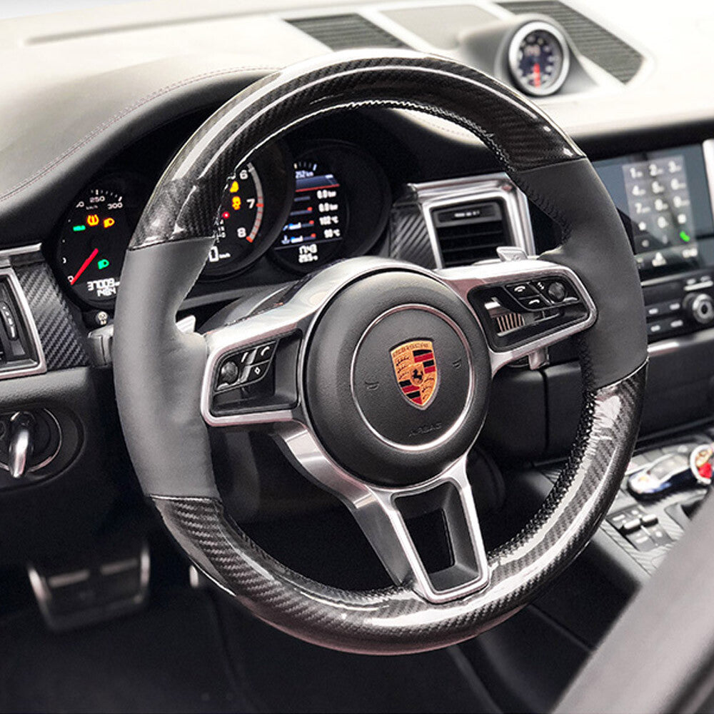 5D Carbon Fiber &Black Leather Steering Wheel Wrap Cover Fit For Porsche Cayenne