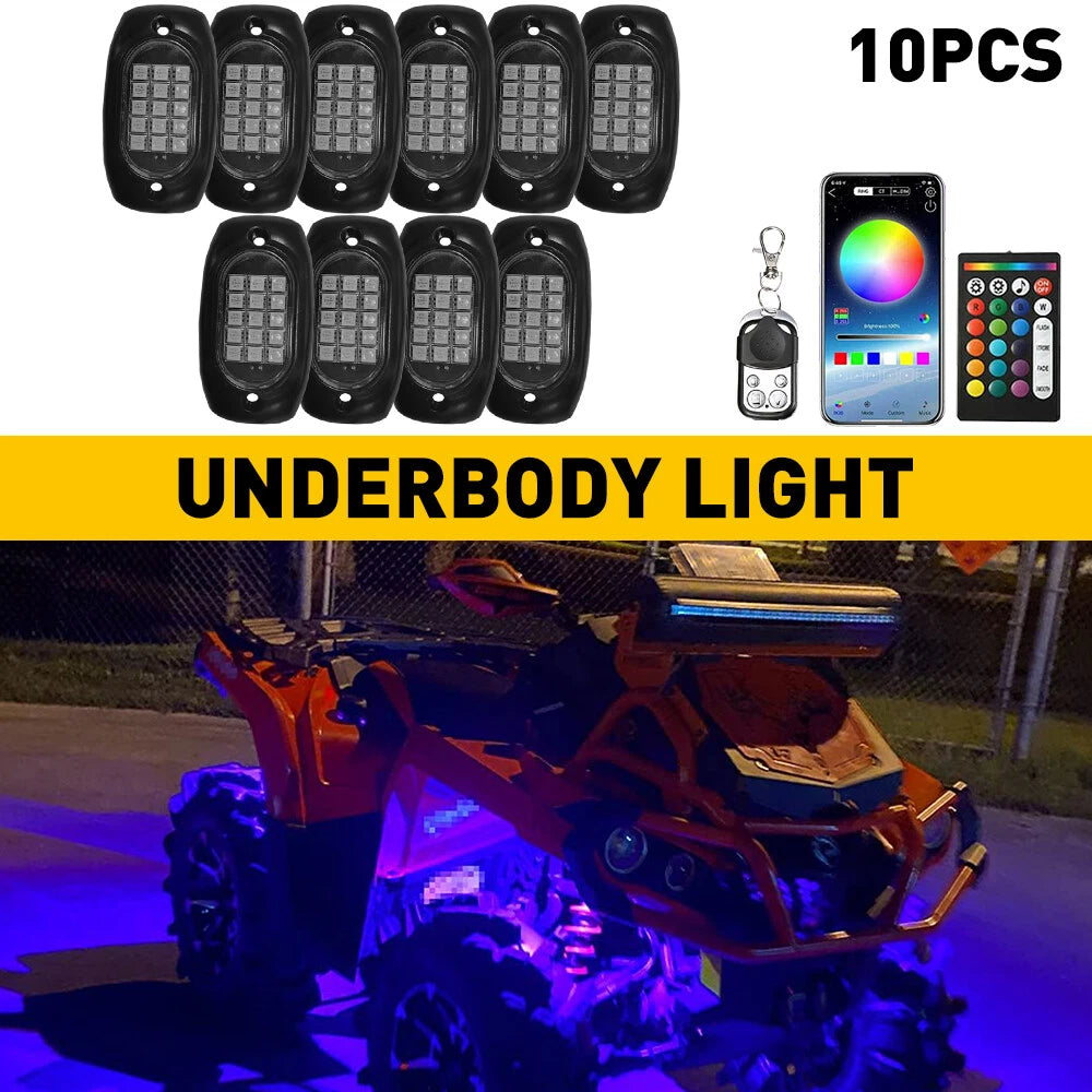APP Control 10 Pods RGB LED Rock Light Bluetooth Kit Underbody Glow Neon Lights 6B93BC-57