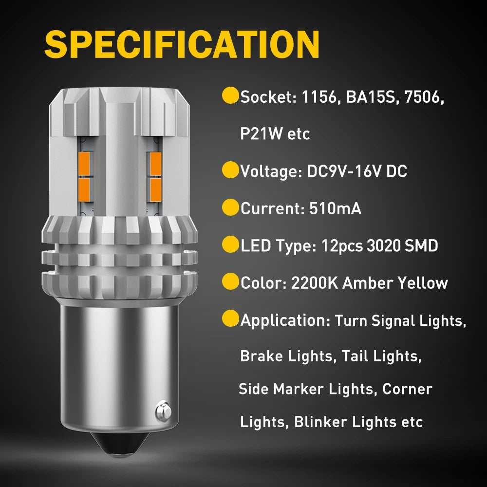 LED Front Turn Signal Blinker Light Bulbs 1156 7506 3497 Amber Yellow 2200K 2pcs 6B93BC-57