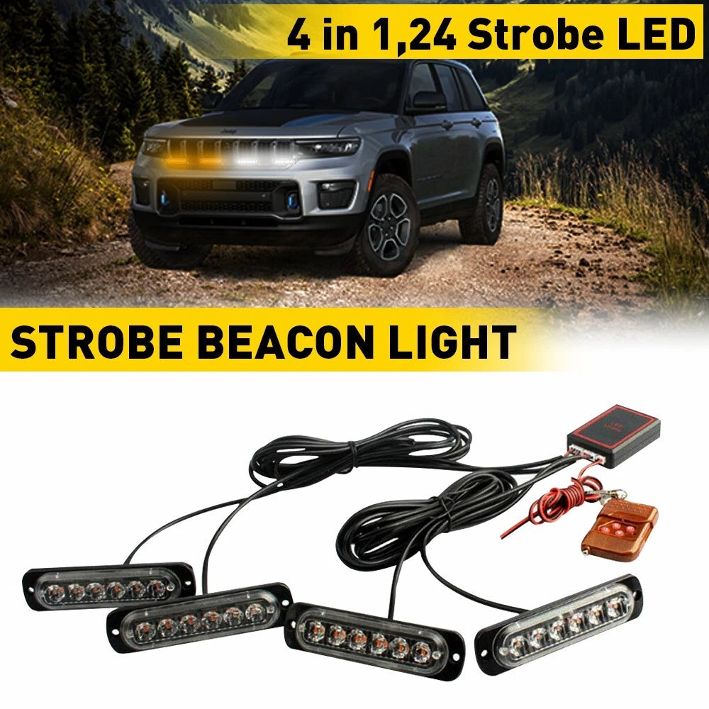 4PCS 6-LED STROBE LIGHTS FLASHING WARNING BEACON WHITE AMBER 12V REMOTE CONTROL 6B93BC-57