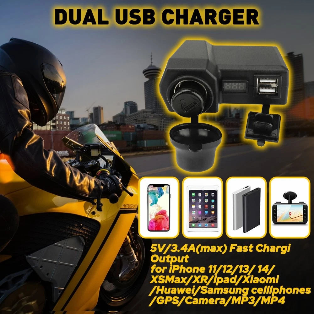 Waterproof Motorcycle Handlebar Dual Phone USB Charger Cigarette Lighter Socket 6B93BC-57