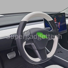White&Black Leather Steering Wheel Yellow Stitch Wrap Cover For Tesla Model 3 Y