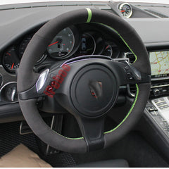 Black Suede Leather Steering Wheel Green Stitch Wrap Cover For Porsche Panamera