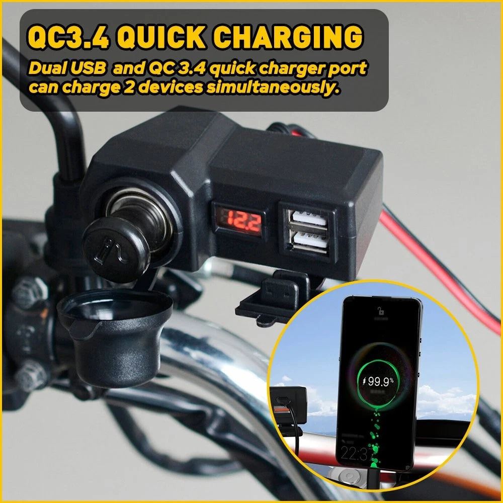 Waterproof Motorcycle Handlebar Dual Phone USB Charger Cigarette Lighter Socket 6B93BC-57