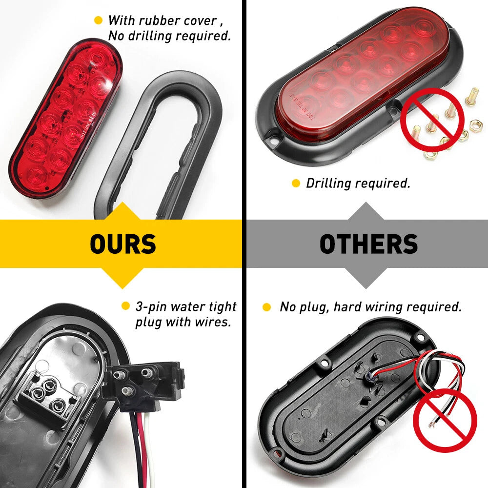 2X Red 16" Oval Lights Trailer 10 LED Stop Tail Turn Truck Sealed Grommet Plug 6B93BC-57