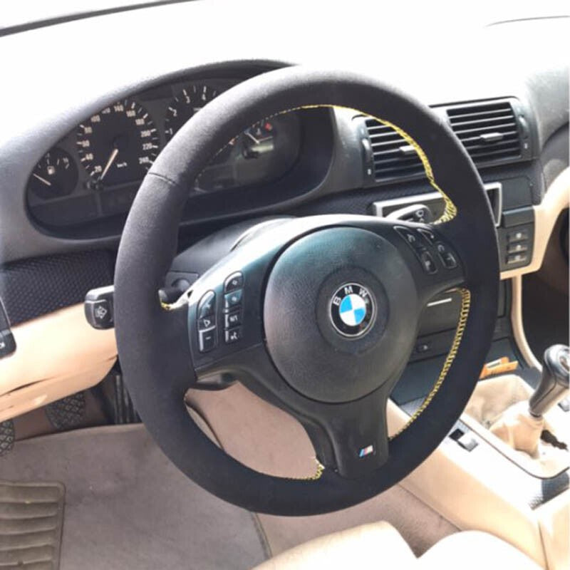 Hand-Sewing Black Suede Leather Steering Wheel Covers Wrap For BMW E39 E46 M5