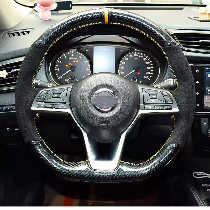5D Carbon Fiber&Suede Sides Steering Wheel Hand Sewing Cover For Nissan Kicks