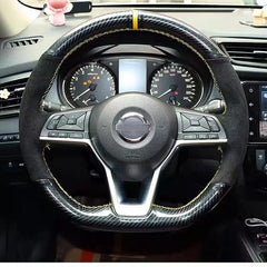 5D Carbon Fiber&Suede Sides Steering Wheel Hand Sewing Cover For Nissan Kicks