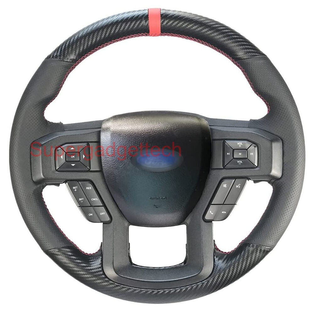 Matte Carbon Fiber&Leather Steering Wheel Red Stitch Wrap Cover For Ford F-150