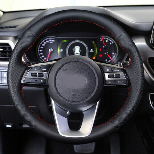Top Leather Steering Wheel Red Thread Hand-stitch on Wrap Cover For Kia Optima