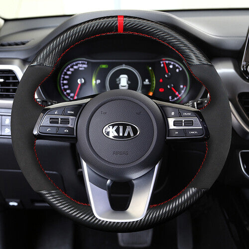Carbon Fiber&Suede Leather Steering Wheel Hand-stitch on Wrap Cover For Kia Ceed