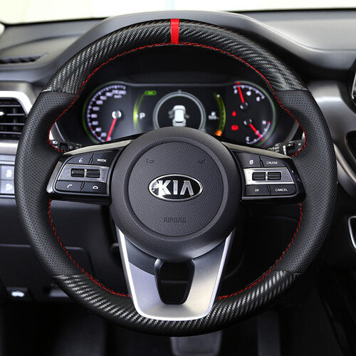 3D Carbon Fiber&Leather Steering Wheel Hand-stitch on Wrap Cover For Kia Forte